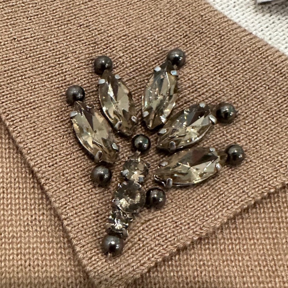 LOFT Womens Medium Wool Blend Beaded Collared Sweater Camel Beige Cream Jewel - Picture 10 of 12
